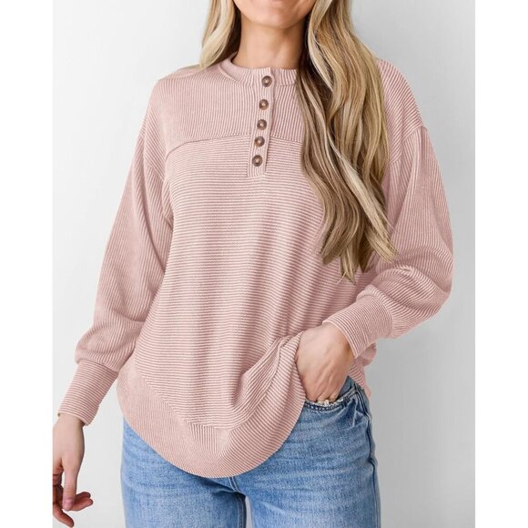 Women Long Sleeve Ribbed Henley Top Button V Neck Casual Tunic Size Large - Picture 3 of 5